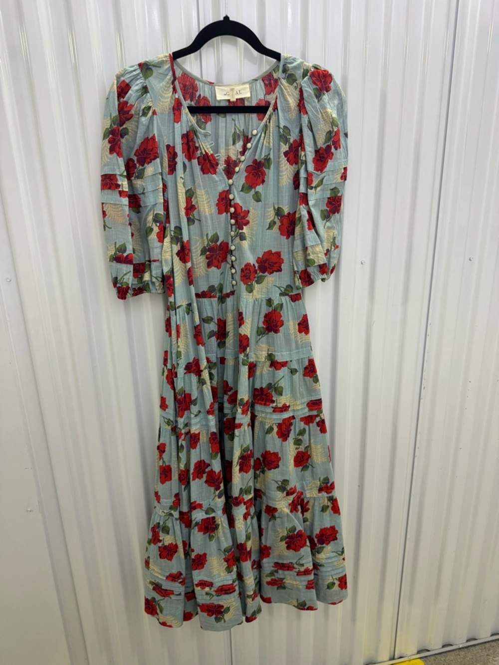 The Great: Floral Puff-Sleeve Maxi Dress in Light Blue with Red Roses